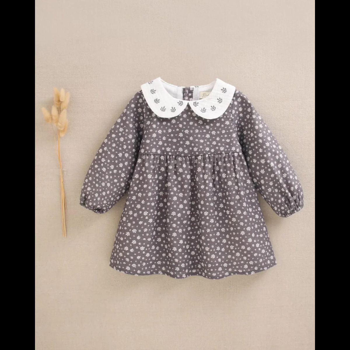 DADATI - Vestido de bebé niña gris con hojas blancas