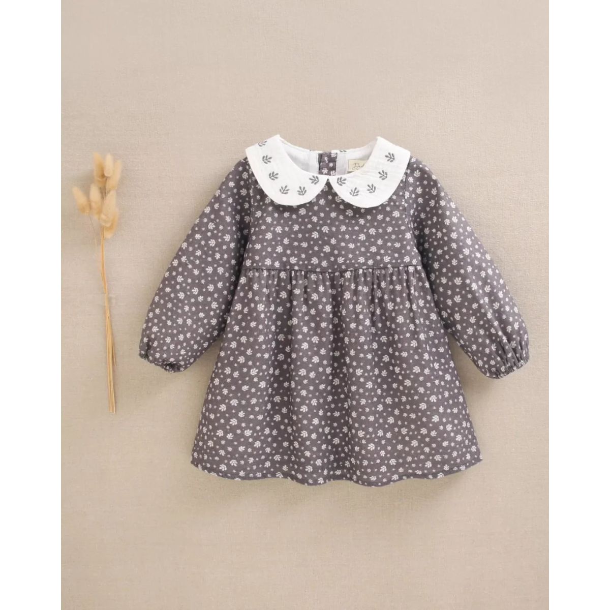 DADATI - Vestido de bebé niña gris con hojas blancas