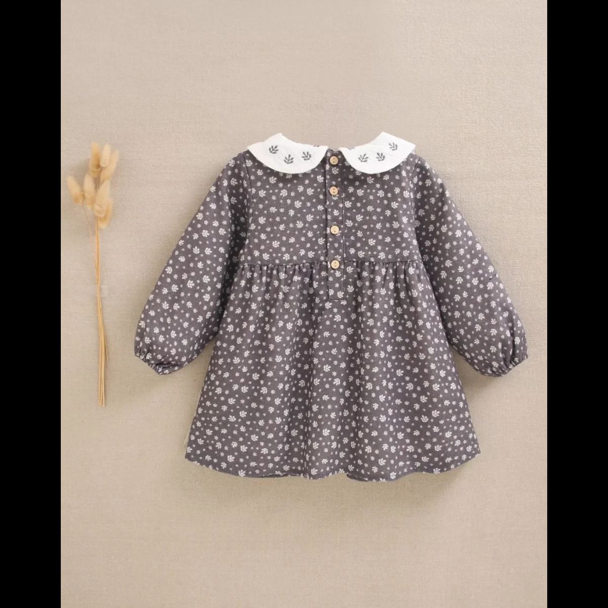 DADATI - Vestido de bebé niña gris con hojas blancas