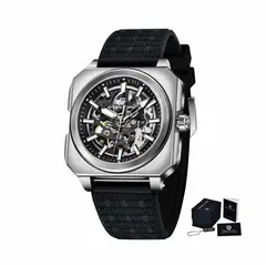 PAGANI - Reloj Design Skeleton Automático Cristal Zafiro Plateado Correa Negro