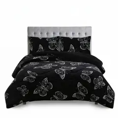 GENERICO - Cobertor 2 Plazas + 2 Fundas- Interior Chiporro -Negro Estampado Mariposas
