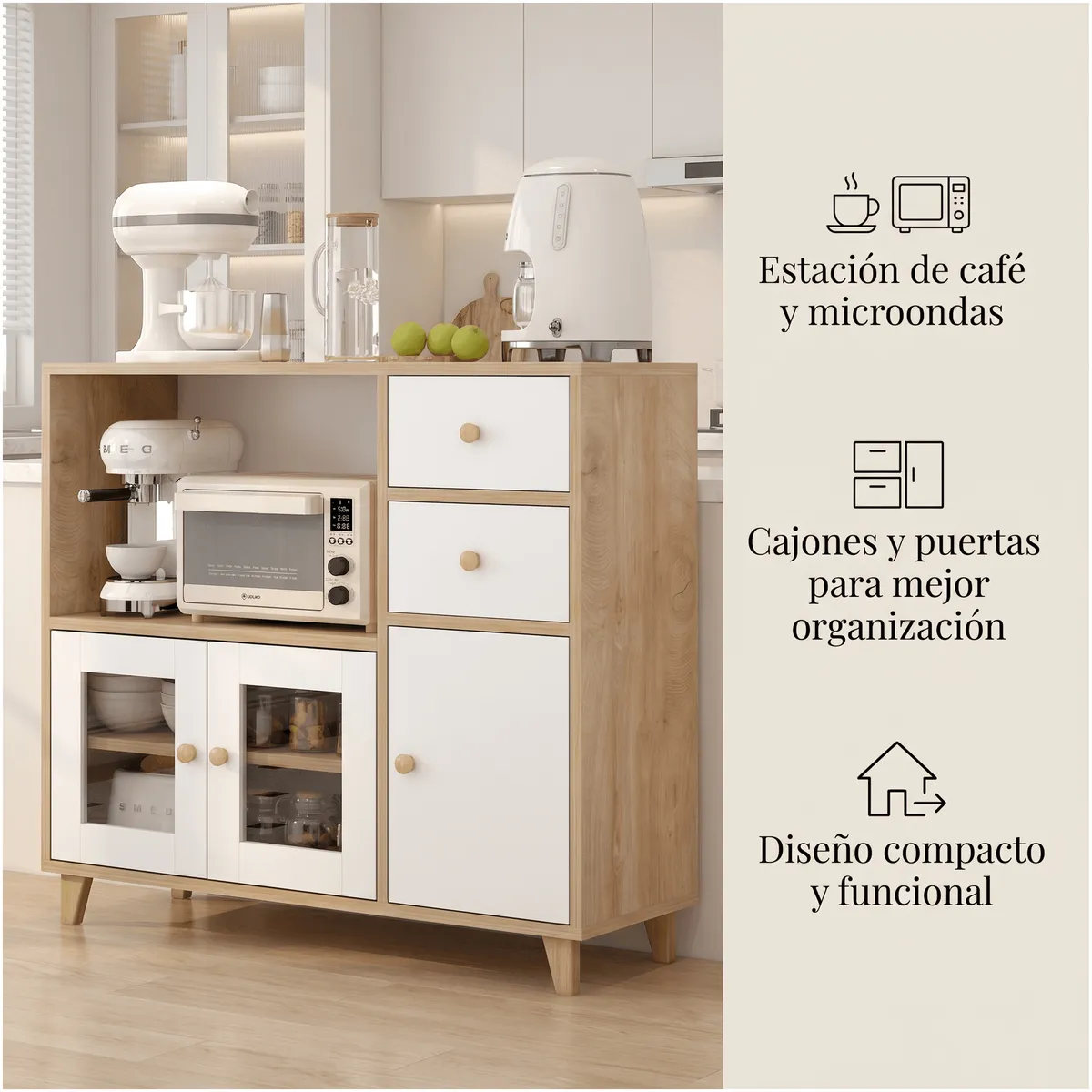 HOMER DESIGN - Aparador Buffet De Cocina Comedor Puerta De Vidrio 90cm