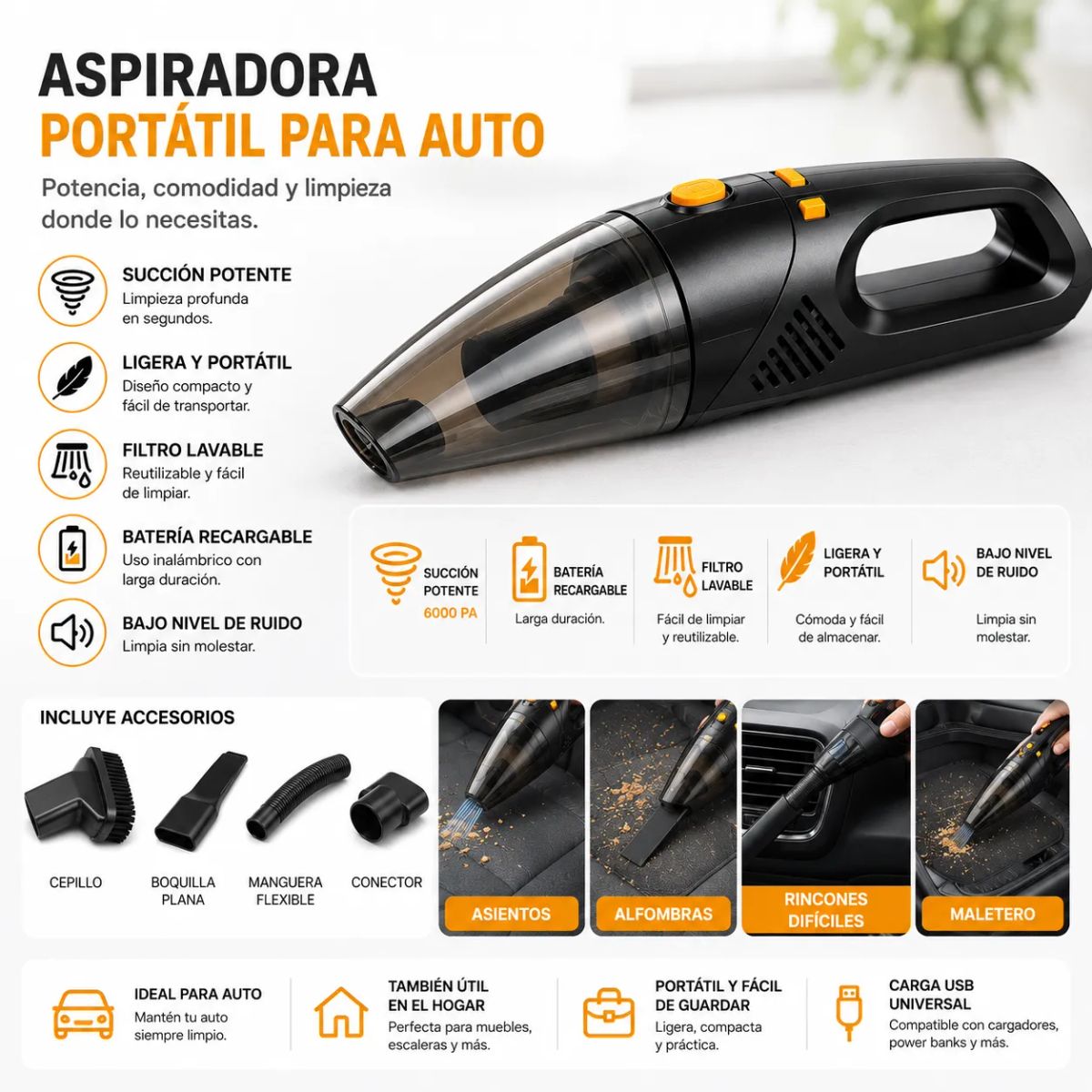 TASBEL - Aspiradora Portátil Inalámbrica para Auto De succion rapida 12V color negro