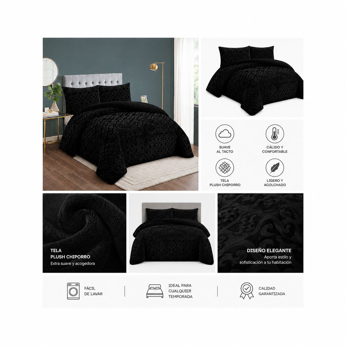 GENERICO - Plumón Plush Negro Estampado 2 Plazas Ultra Suave  Abrigo Invierno Premium