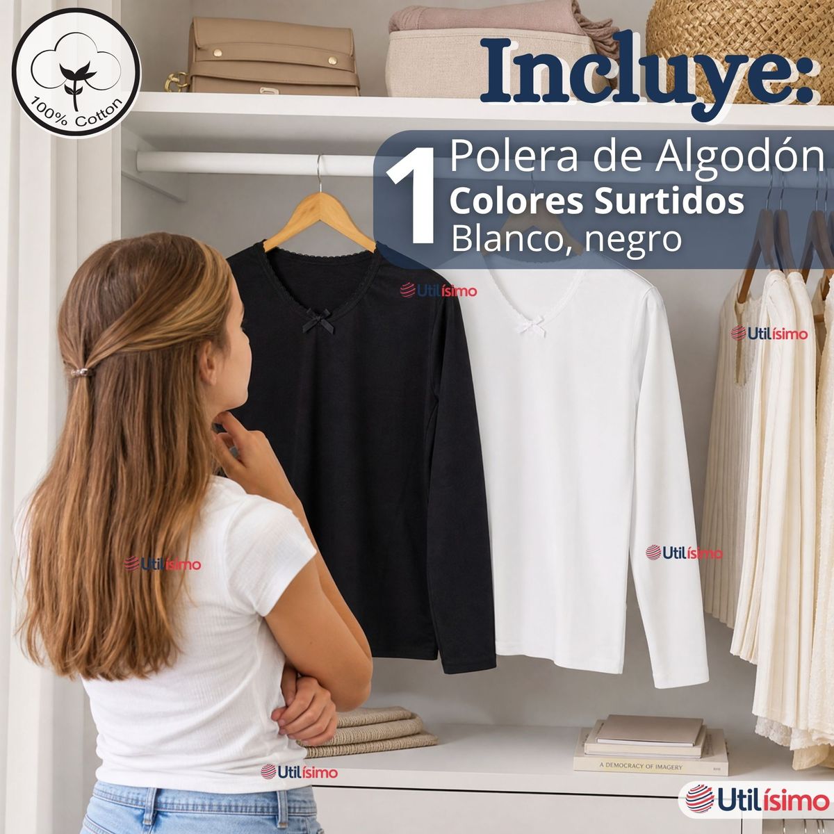 UTILISIMO - Camiseta Polera Algodón Básica Cuello Redondo Primera Capa Manga Larga Colores Negro Blanco Niña
