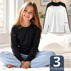 UTILISIMO - Pack 3 Camisetas Poleras Algodón Básica Cuello Redondo Primera Capa Manga Larga Negro Blanco Niña