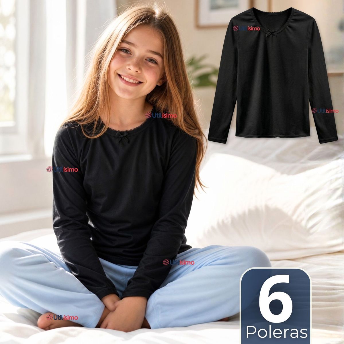 UTILISIMO - Pack 6 Camisetas Poleras Algodón Básica Cuello Redondo Primera Capa Manga Larga Negro Blanco Niña