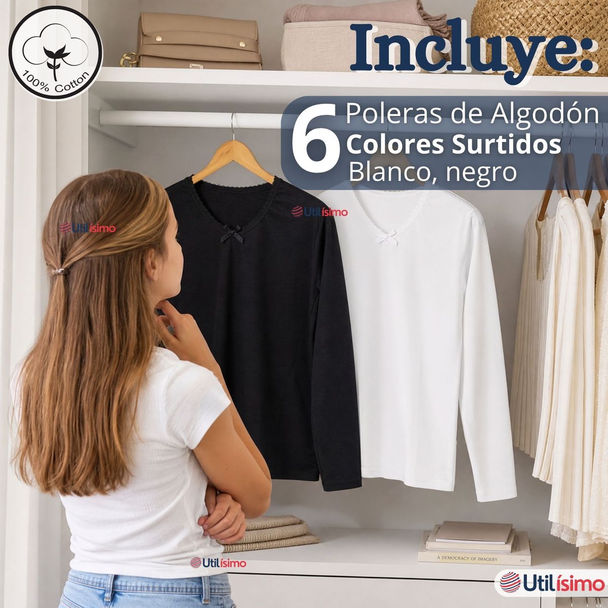 UTILISIMO - Pack 6 Camisetas Poleras Algodón Básica Cuello Redondo Primera Capa Manga Larga Negro Blanco Niña