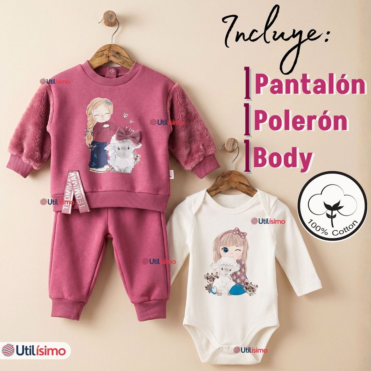 TEDMIMAK - Conjunto 3 Piezas Buzo Pantalón Polerón Body De Algodón Tedmimak Burdeo Bebé Niña