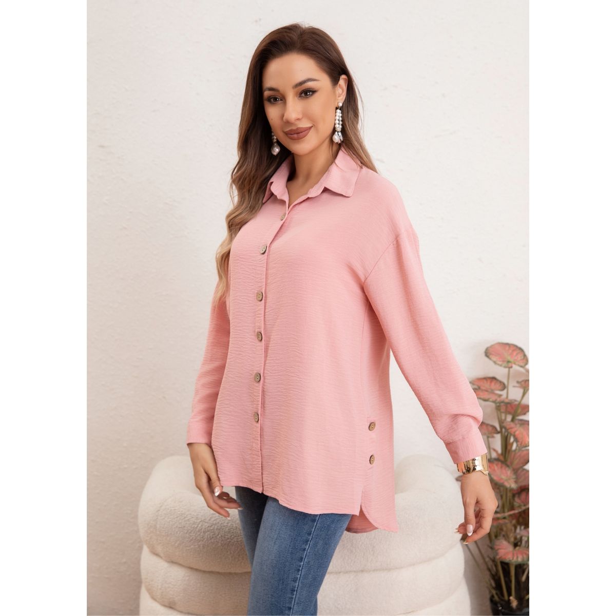 LIKE SHOP - Bluson Mujer Liso Manga Larga Algodón Botones Primavera Verano 0036