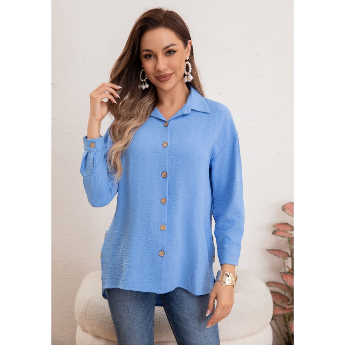 LIKE SHOP - Bluson Mujer Liso Manga Larga Algodón Botones Primavera Verano 0036