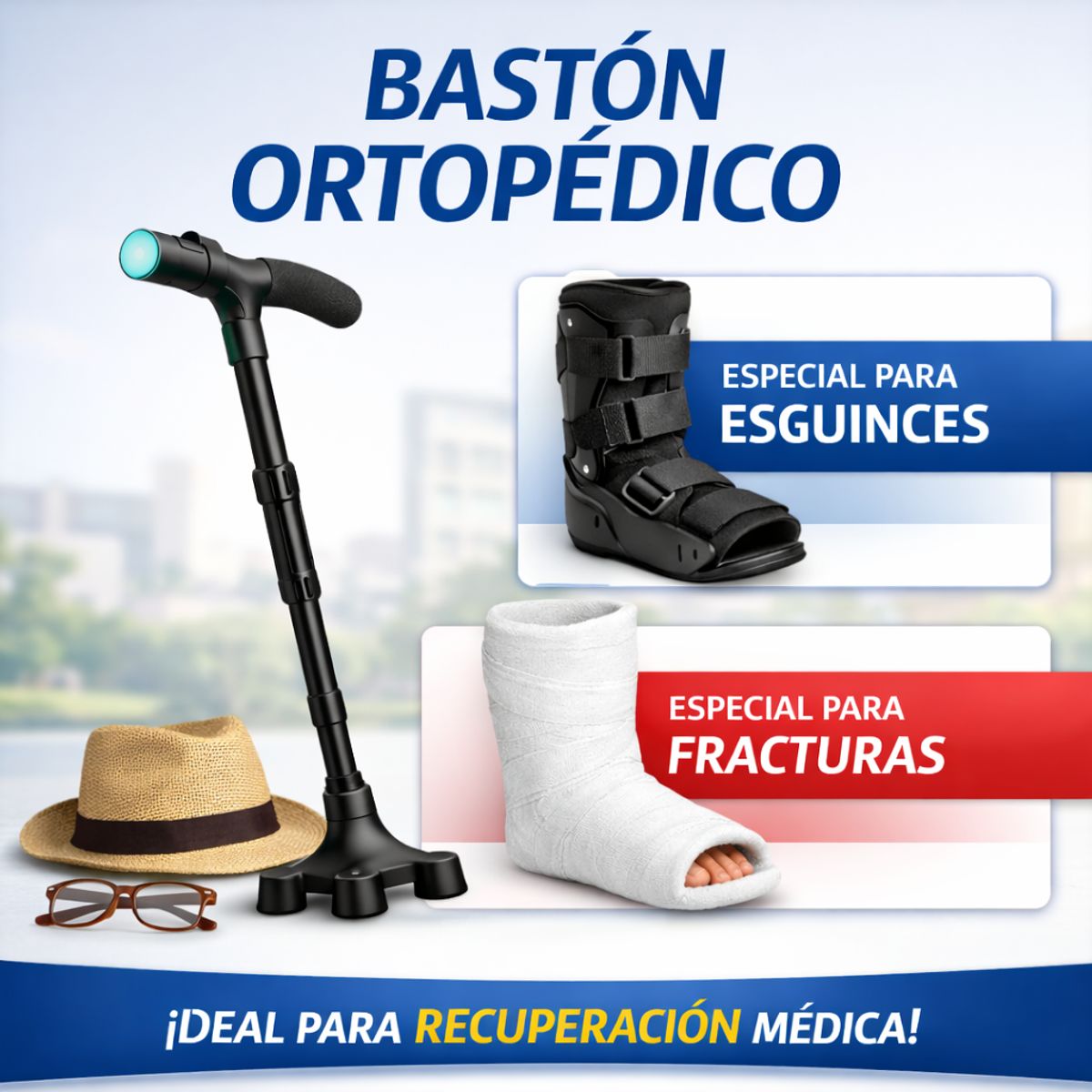 MOVI - Bastón Ortopédico Plegable con Luz Led. ¡TERCERA EDAD, ESGUINCE, FRACTURA