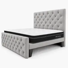GENERICO - Cama 2 Plazas Capitone Gris Claro con Doble Respaldo Con Colchón Excellence Plus – Diseño Moderno y Máximo Confort