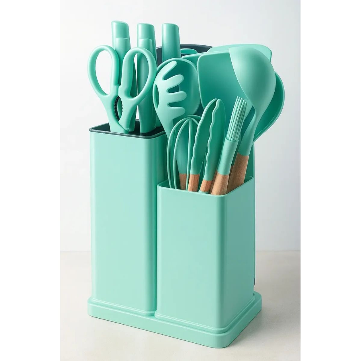 GENERICO - Set de Utensilios de Cocina y Cuchillos 19 Piezas color Verde Menta