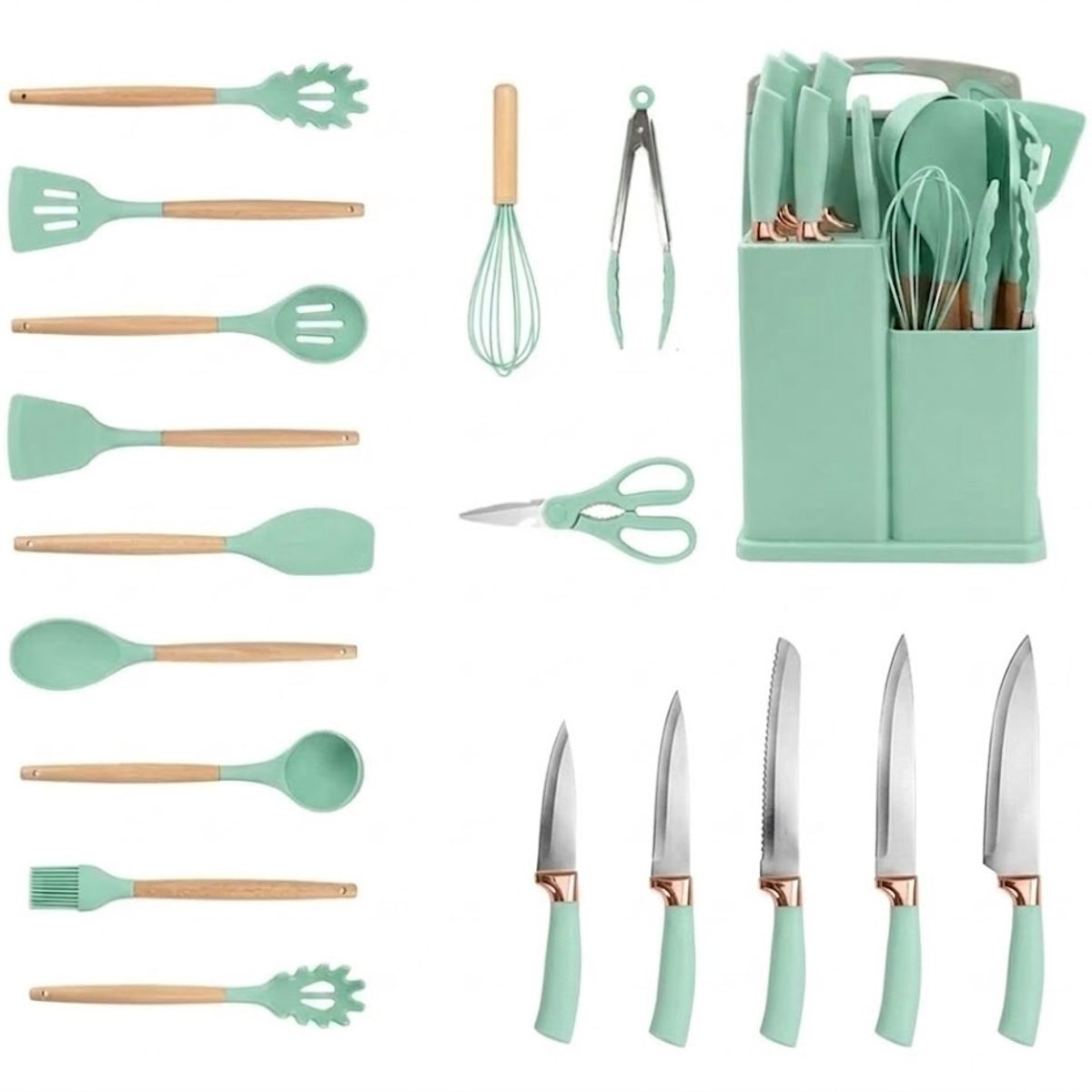 GENERICO - Set de Utensilios de Cocina y Cuchillos 19 Piezas color Verde Menta