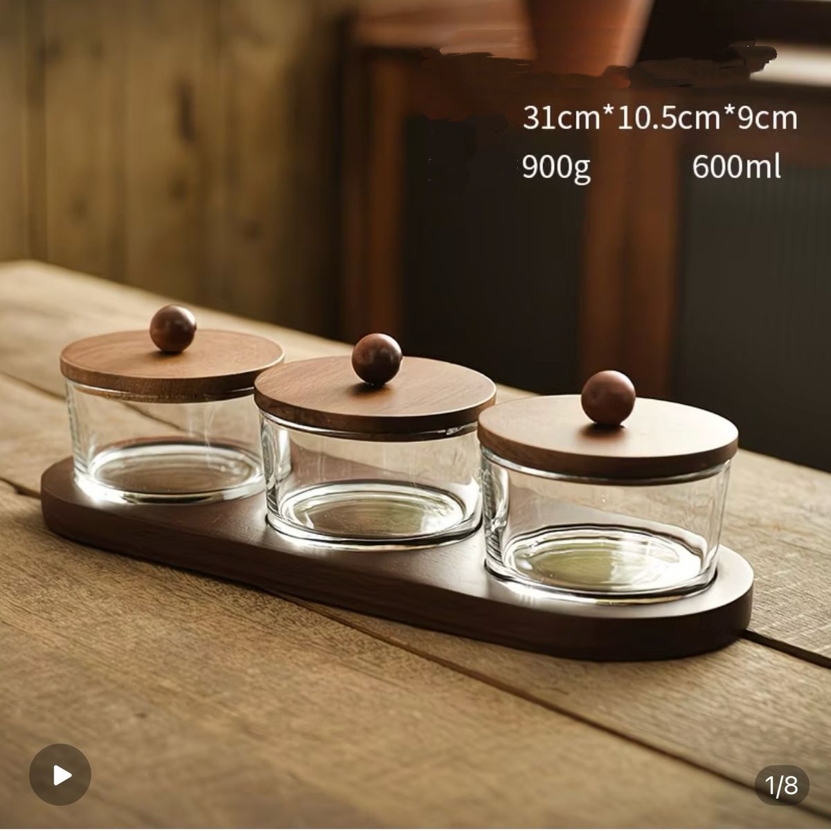 OKAY - Set 3 Frascos Condimenteros De Vidrio Con Base De Madera