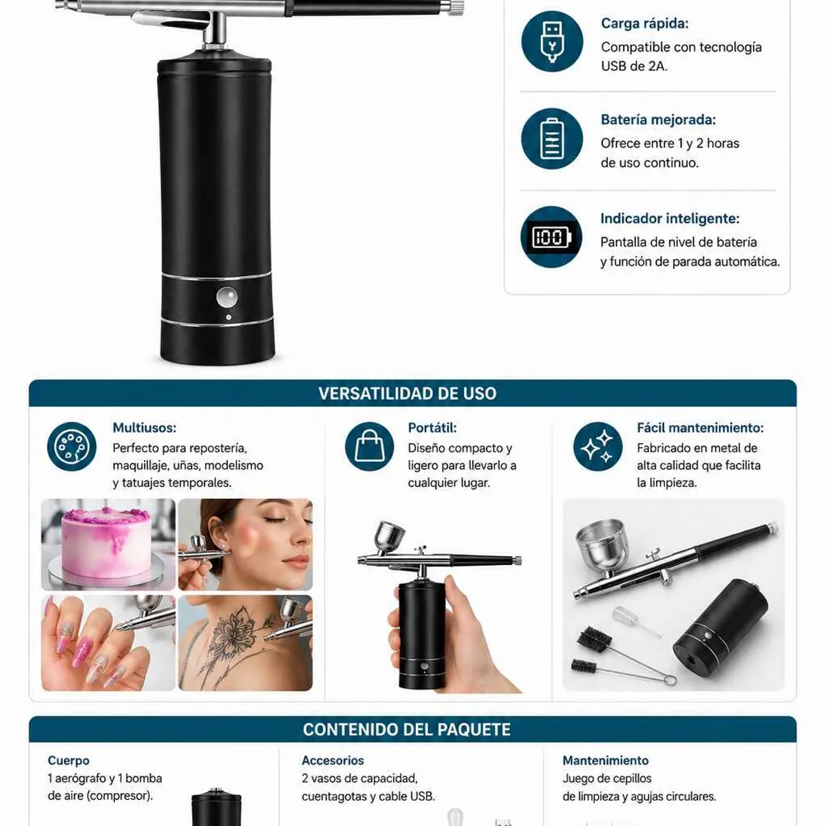 GENERICO - Aerógrafo Compresor Inalámbrico Recargable 30psi Profesional