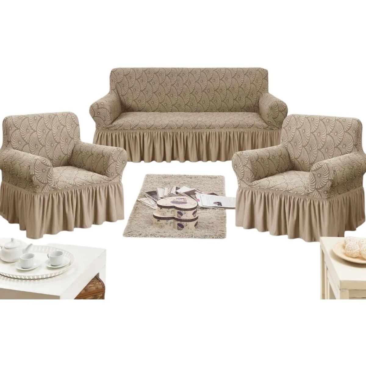 GENERICO - Cubresillon Para Sofa Liso Con Faldon Juego Completo 3+1+1