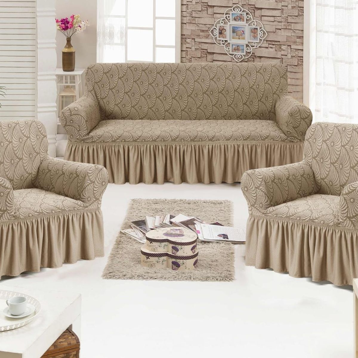 GENERICO - Cubresillon Para Sofa Liso Con Faldon Juego Completo 3+1+1
