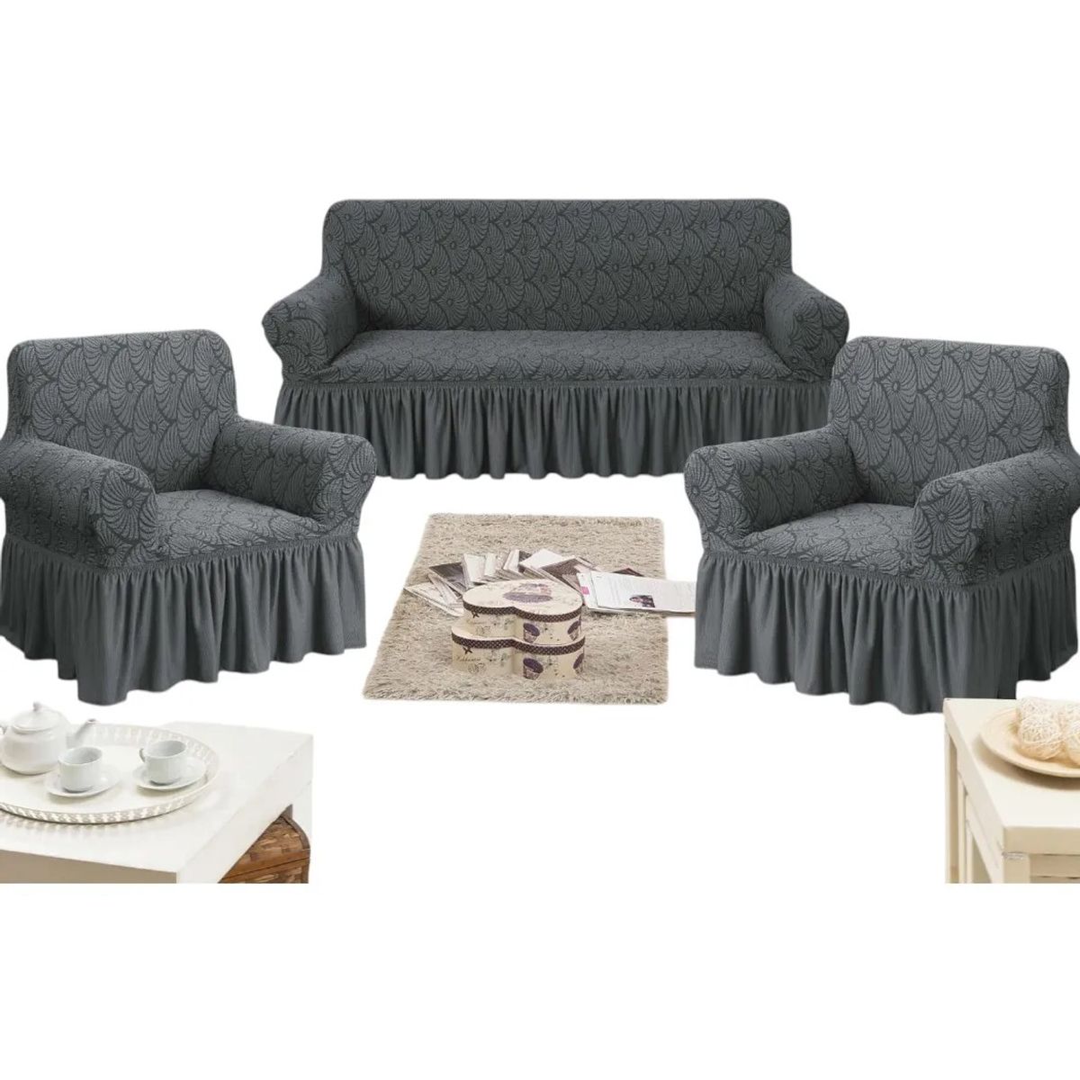 GENERICO - Cubresillon Para Sofa Liso Con Faldon Juego Completo 3+1+1