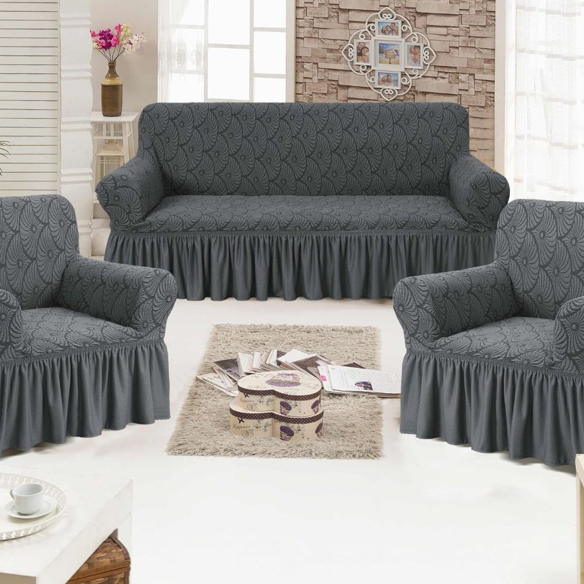 GENERICO - Cubresillon Para Sofa Liso Con Faldon Juego Completo 3+1+1