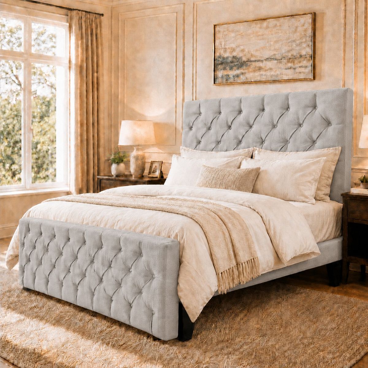 GENERICO - Cama King Capitone Gris Claro con Doble Respaldo Con Colchon Mery Desing  Diseño Moderno y Máximo Confort