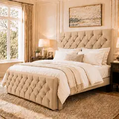 GENERICO - Cama King Capitone Beige con Doble Respaldo Con Colchon Mery Desing Diseño Moderno y Máximo Confort