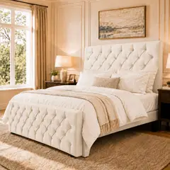 GENERICO - Cama King Capitone Crudo con Doble Respaldo Con Colchón Excellence Plus Diseño Moderno y Máximo Confort