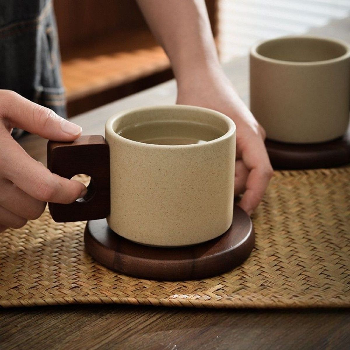 GENERICO - Taza De Cerámica Vintage Con Asa Y Base De Madera 300ml