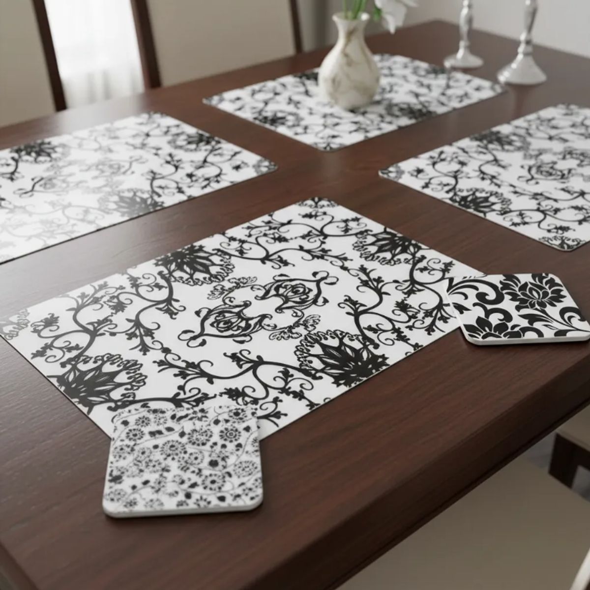 GENERICO - Set 6 Individuales Y 6 Posavasos De Mesa Diseños Modernos B/n