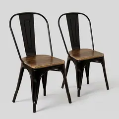 VENHOOUSE - Pack 2 Sillas Tolix Negras Con Asiento De Madera Oscura