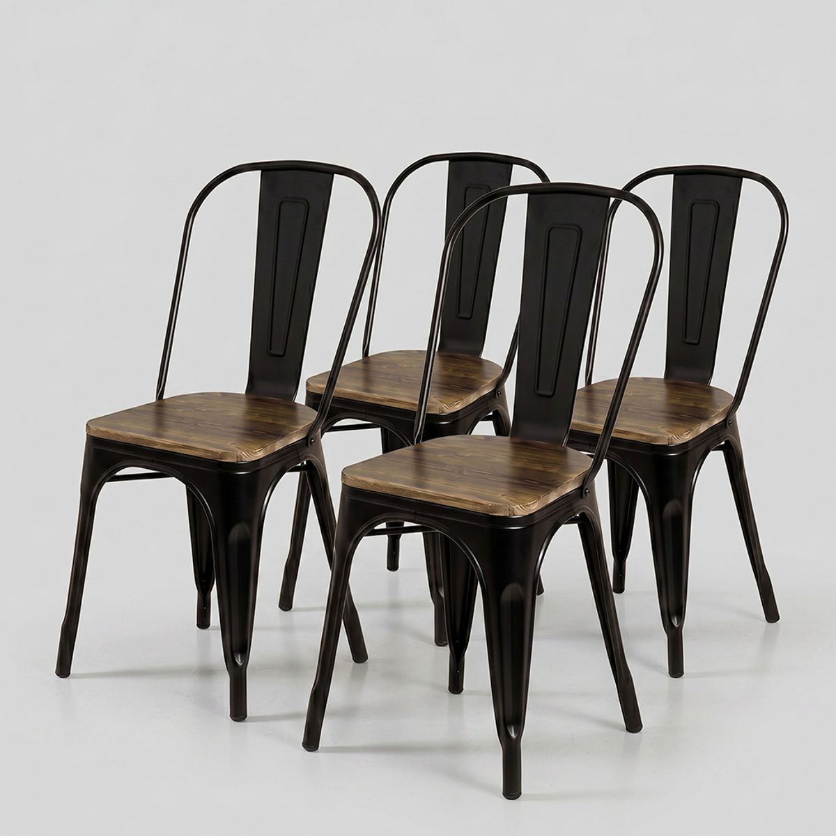VENHOOUSE - Pack 4 Sillas Tolix Negras Con Asiento De Madera Oscura