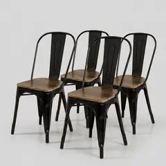 VENHOOUSE - Pack 4 Sillas Tolix Negras Con Asiento De Madera Oscura