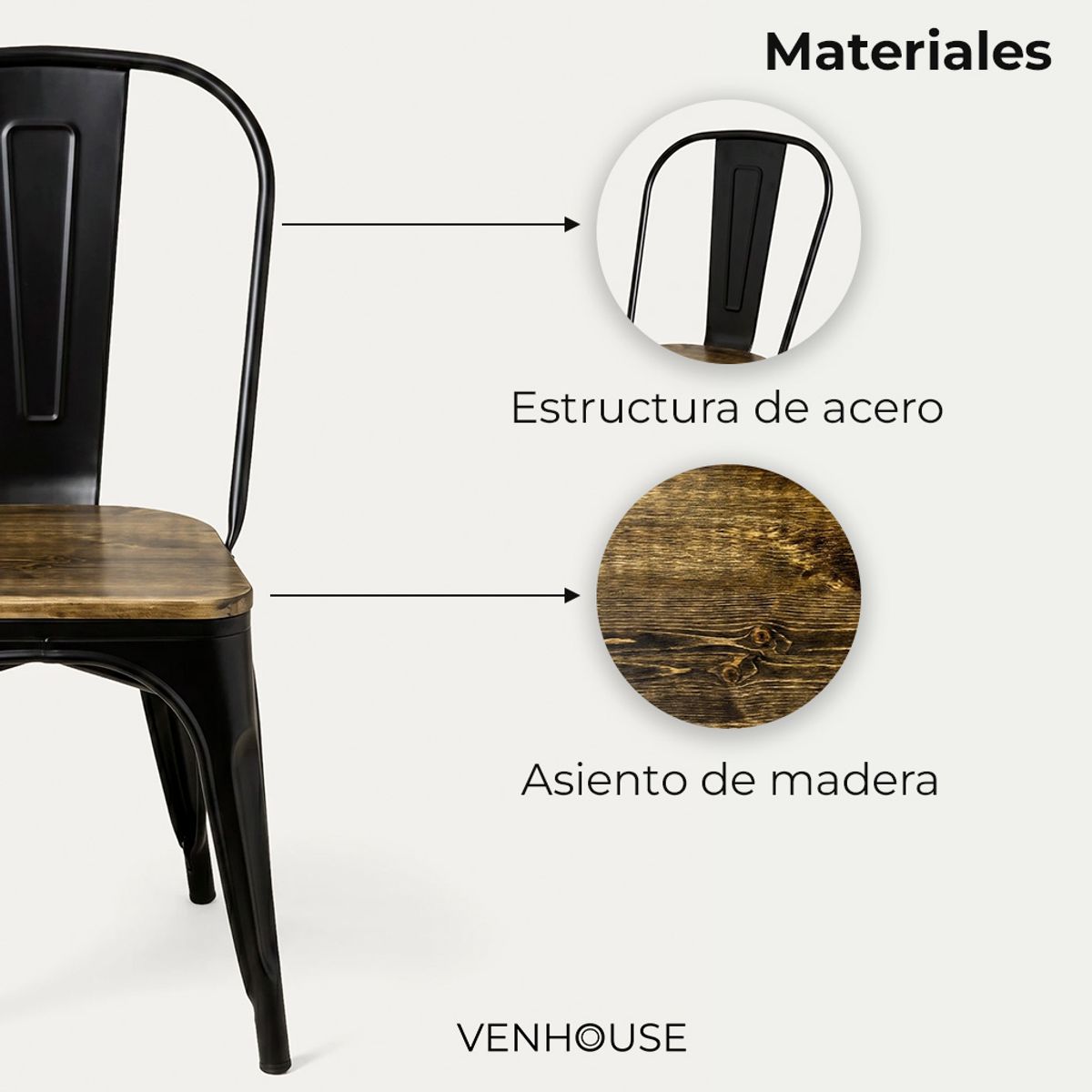 VENHOOUSE - Pack 4 Sillas Tolix Negras Con Asiento De Madera Oscura