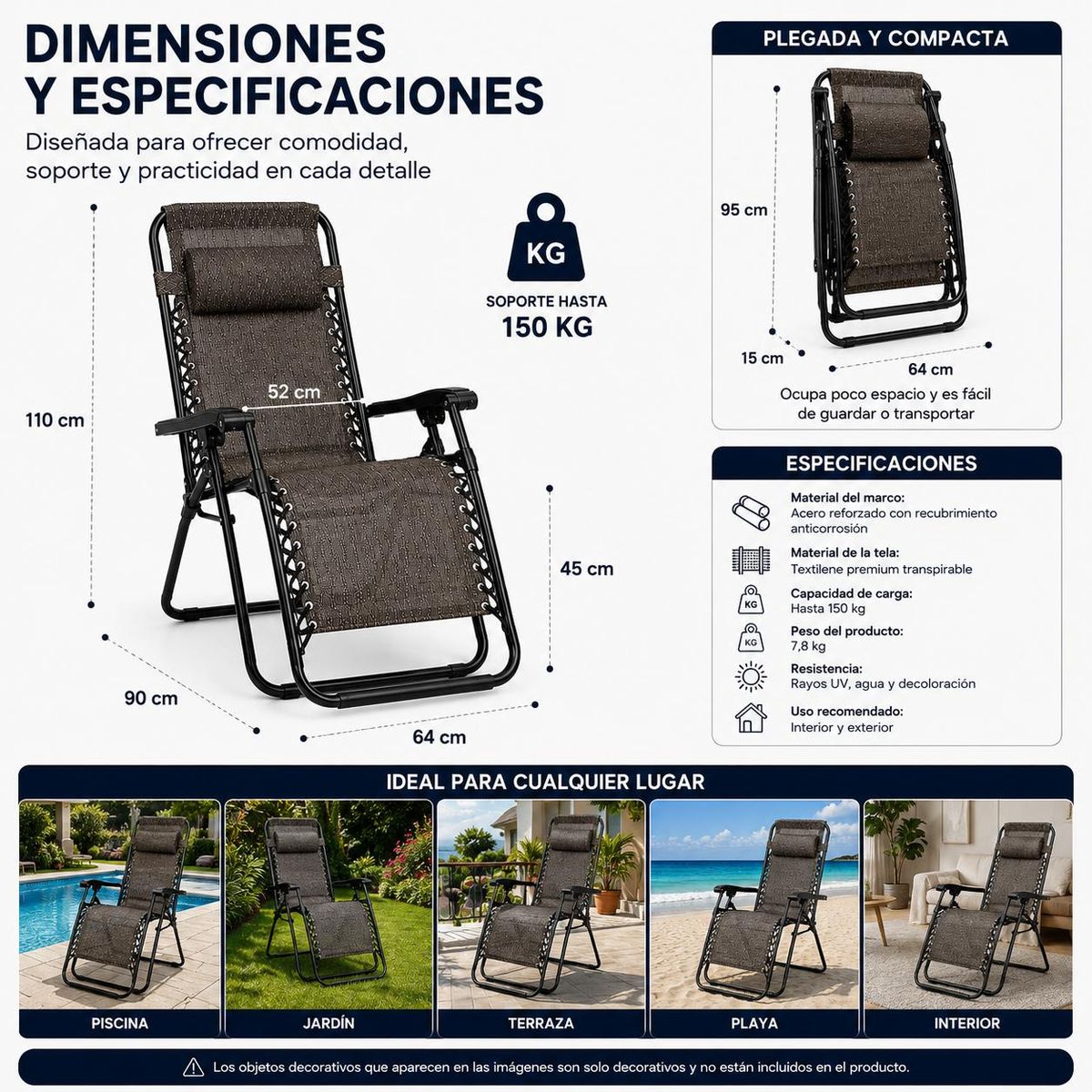 ACTUAL - Pack 2 Reposeras Zero Gravity Plegables Reclinables Reforzadas Terraza Playa Camping