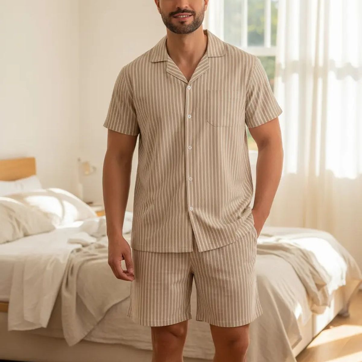 BAZIANI - Pijama Hombre Camisa Abotonada Short Fresco Ligero