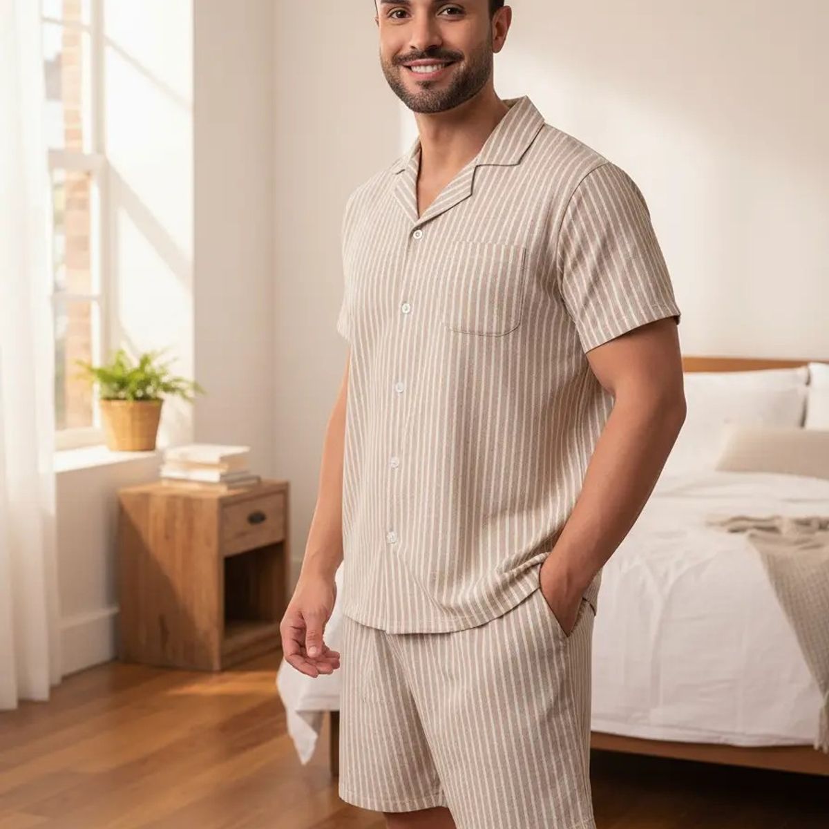 BAZIANI - Pijama Hombre Camisa Abotonada Short Fresco Ligero