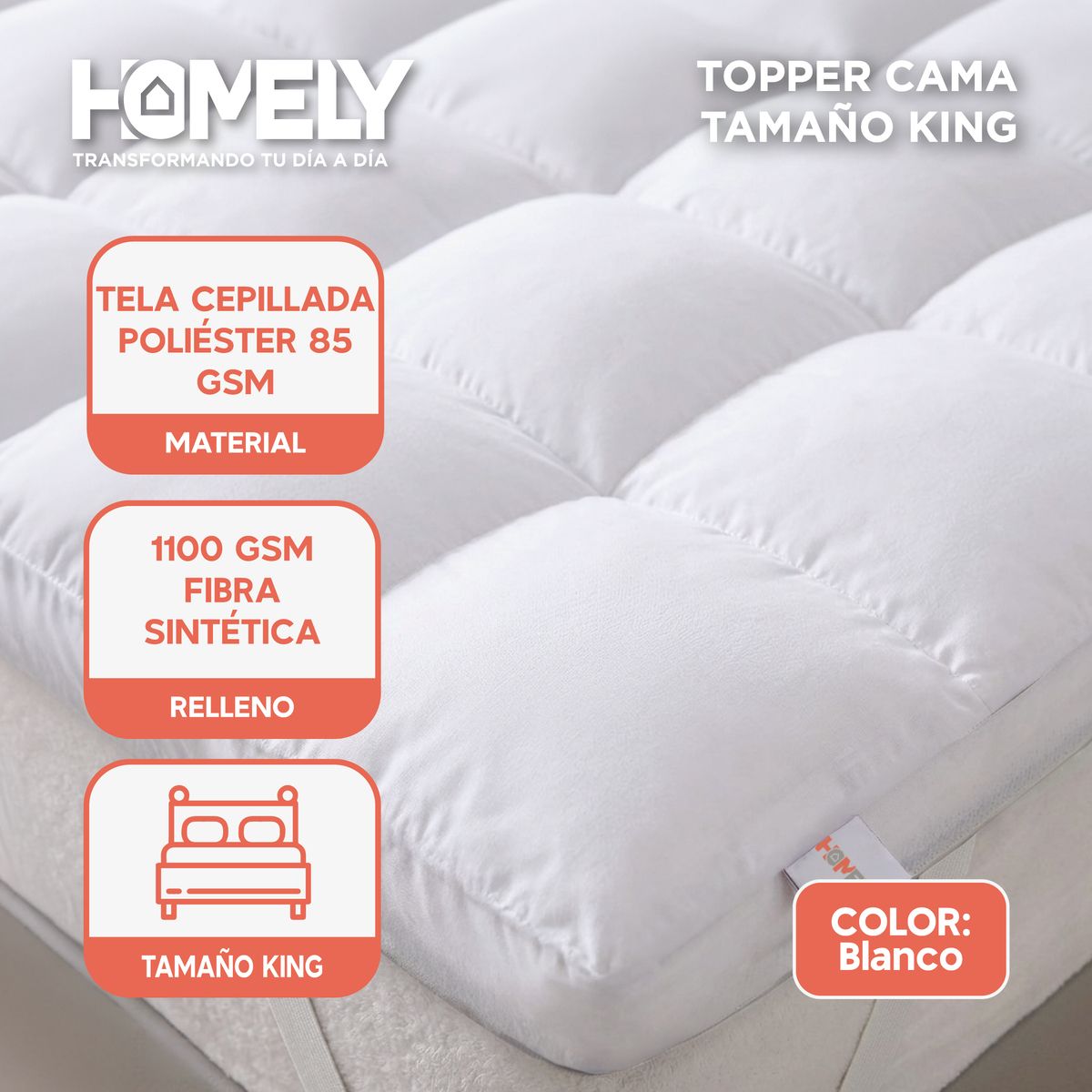 Topper Cubre Colchon King Homely Acolchado Hipoalergenico Eslastico Premium Blanco Protector Viscoelastico., marca HOMELY - Foto 2