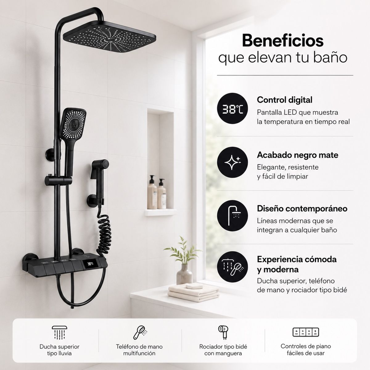 DOPA - Ducha Tipo Columna Visor Digital 4 Funciones Inox Y Bidet.
