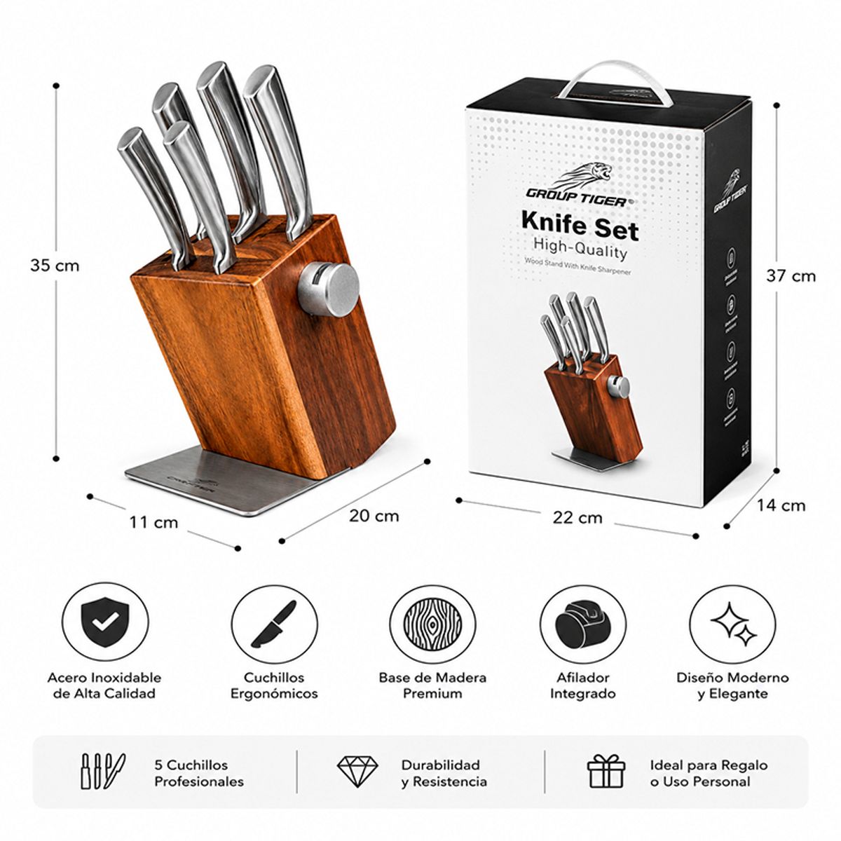 WAKESHOME - Set De Cuchillos Cocina Acero Inoxidable 5 Piezas + Base