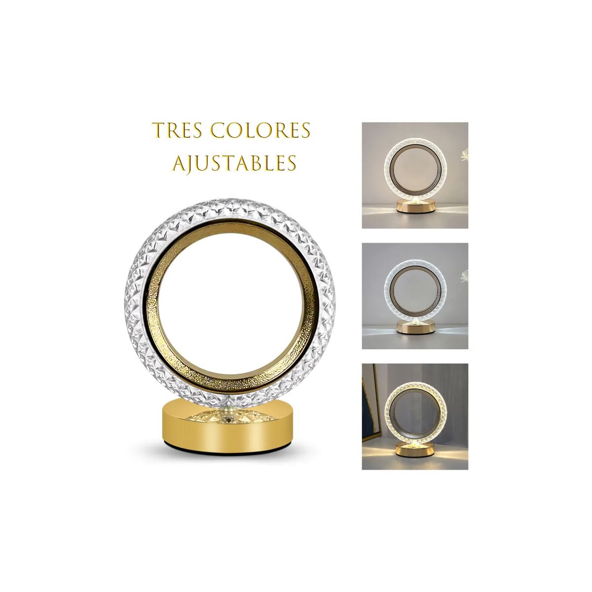 GENERICO - Lámpara de Mesa LED Recargable Diseño Circular Dorado Dimerizable 3 Tonos
