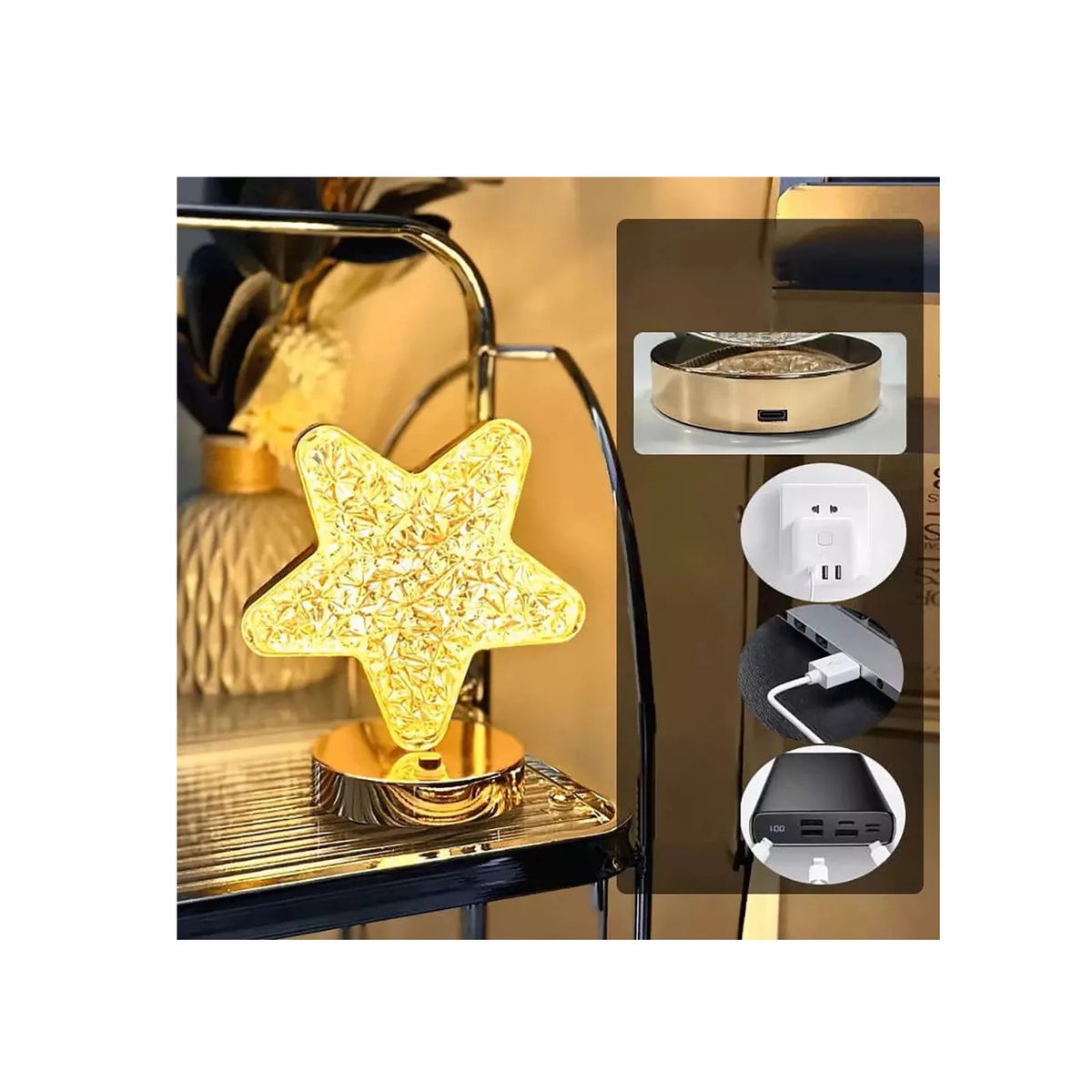 GENERICO - Lámpara de Mesa LED Recargable Diseño Estrella Dorado 3 Tonos