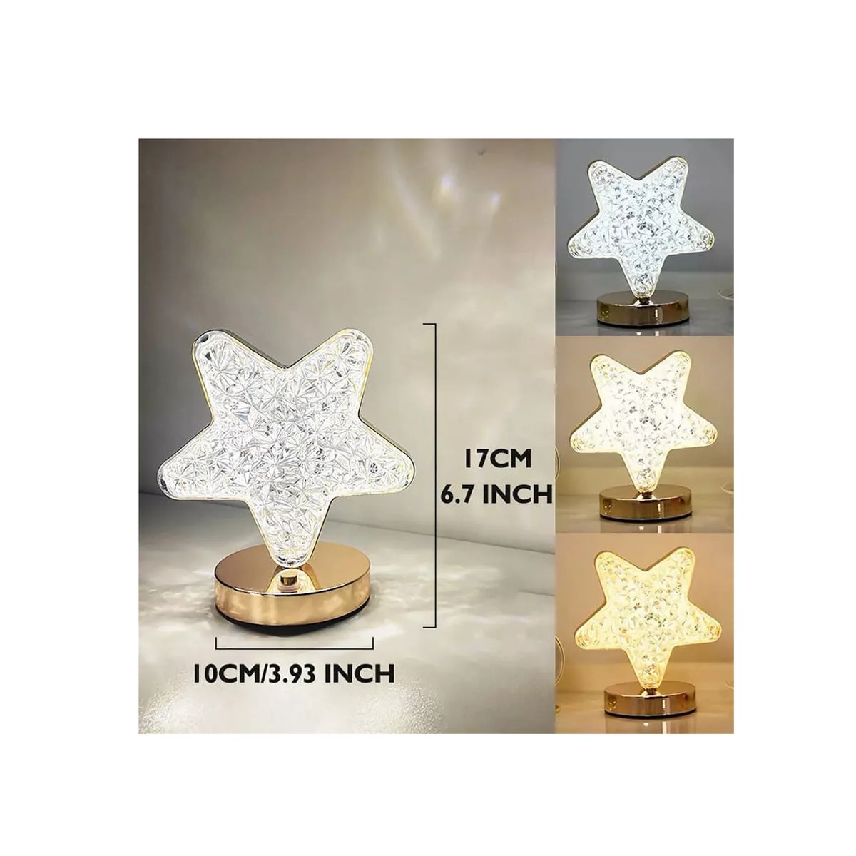 GENERICO - Lámpara de Mesa LED Recargable Diseño Estrella Dorado 3 Tonos