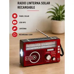 MOVI - Radio Linterna Solar Recargable Portátil AMFMSW USB MP3 con Batería y Panel Solar