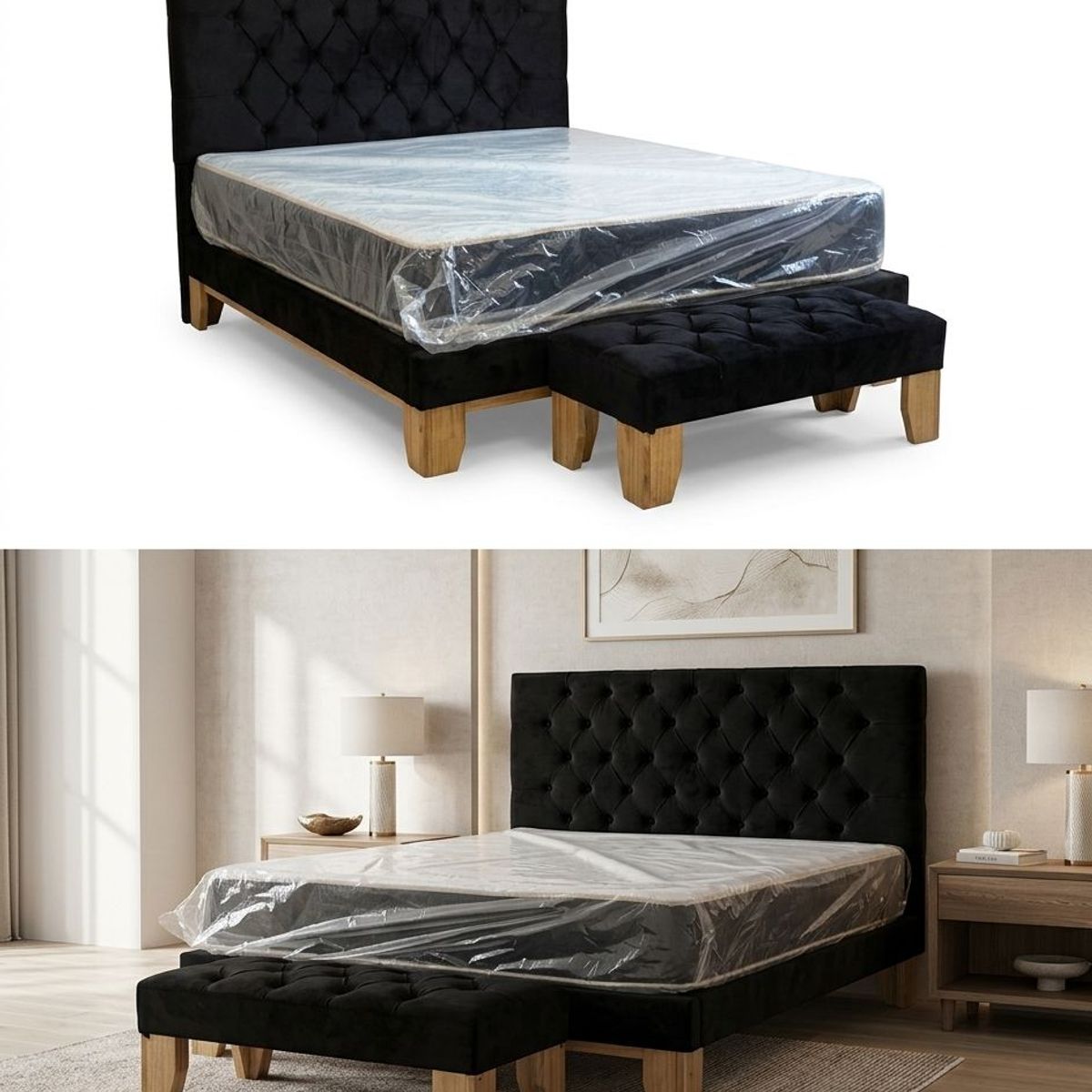 GENERICO - Cama Europea 2 Plazas Base Dividida + Respaldo Franjas Negro + Colchon