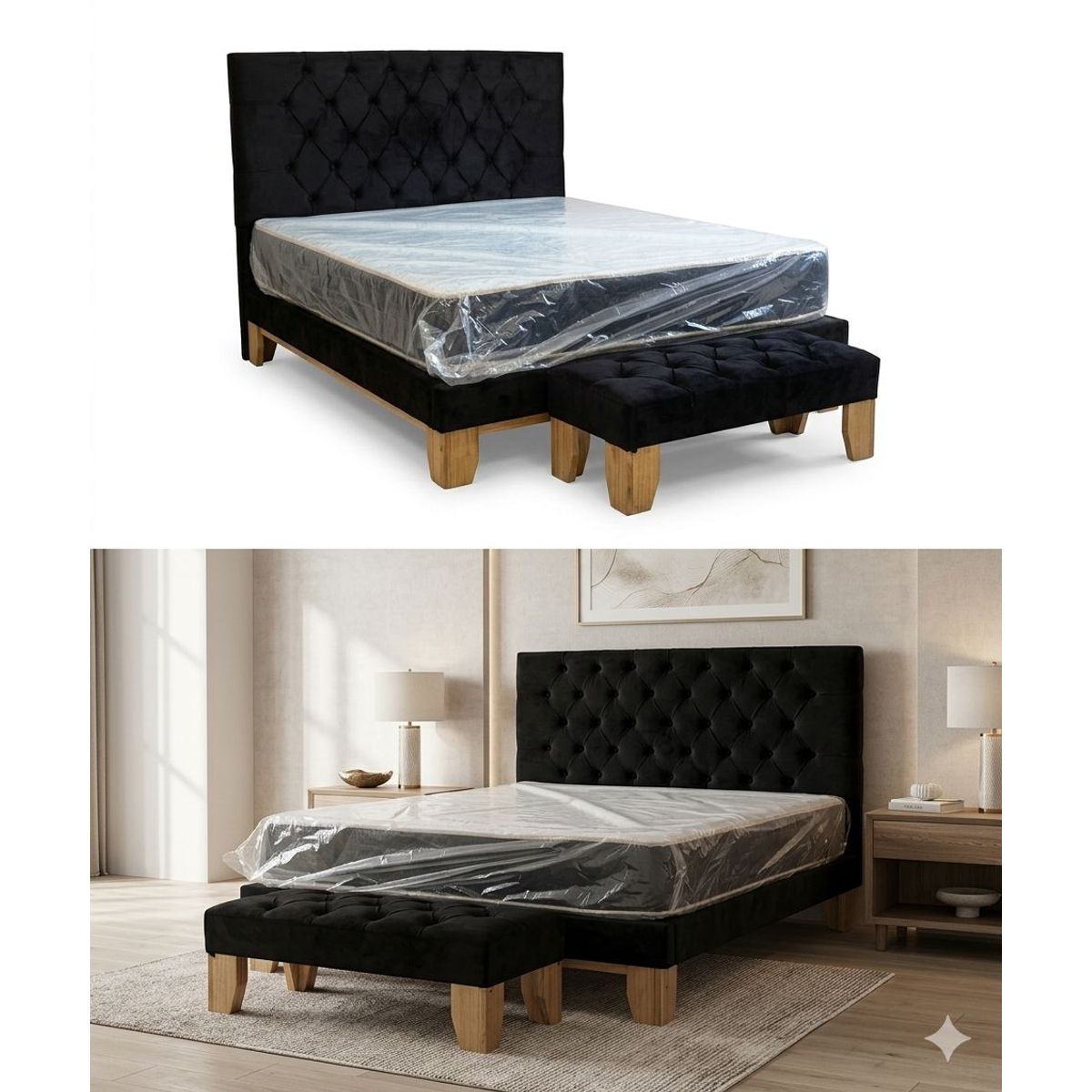 GENERICO - Cama Europea 2 Plazas Base Dividida + Respaldo Franjas Negro + Colchon