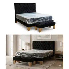 GENERICO - Cama Europea 2 Plazas Base Dividida + Respaldo Franjas Negro + Colchon