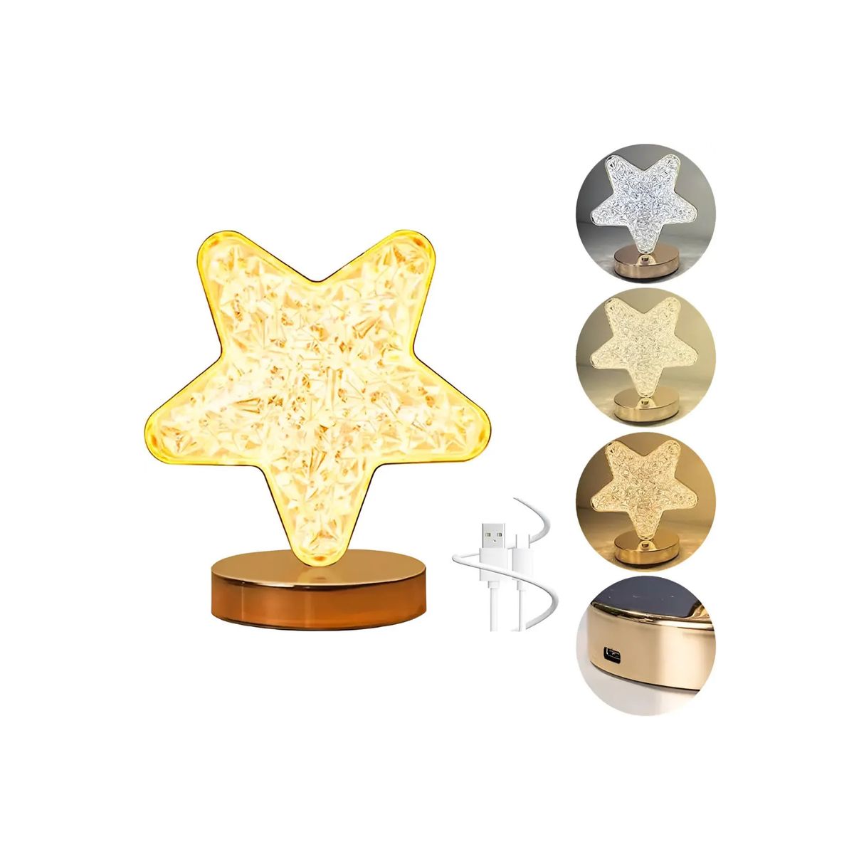 GENERICO - Lámpara de Mesa LED Recargable Diseño Estrella Dorado 3 Tonos