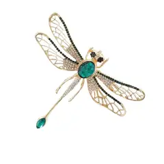 VANE COLLECTION - Prendedor broche mujer dorado con baño de oro libélula verde y cristales
