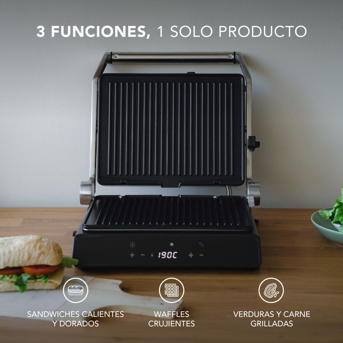 MOUVAIR - Plancha Eléctrica Iron Chef 3 en 1: Waflera, Sandwichera y Grill